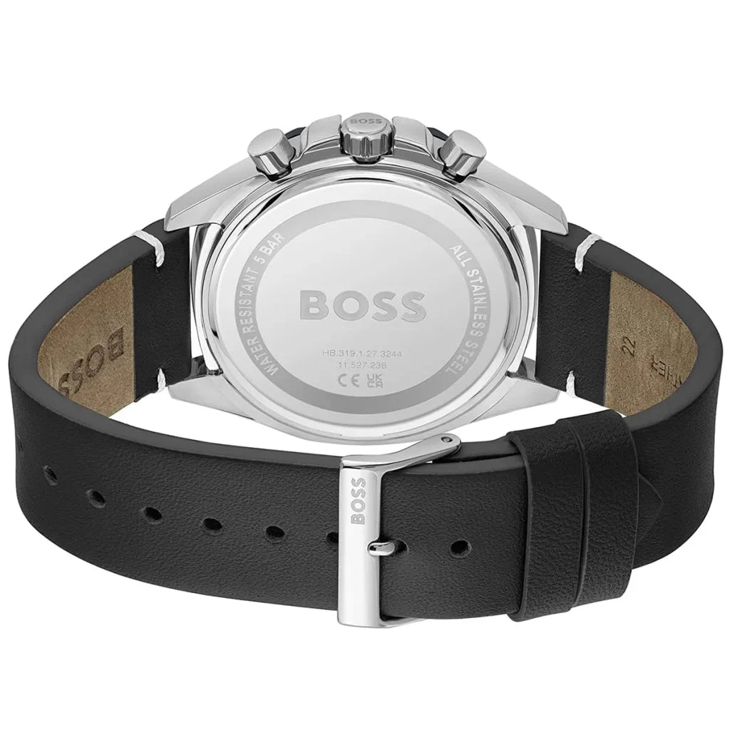 Side profile highlighting the quality black genuine leather strap with white stitching of Hugo Boss 1514014