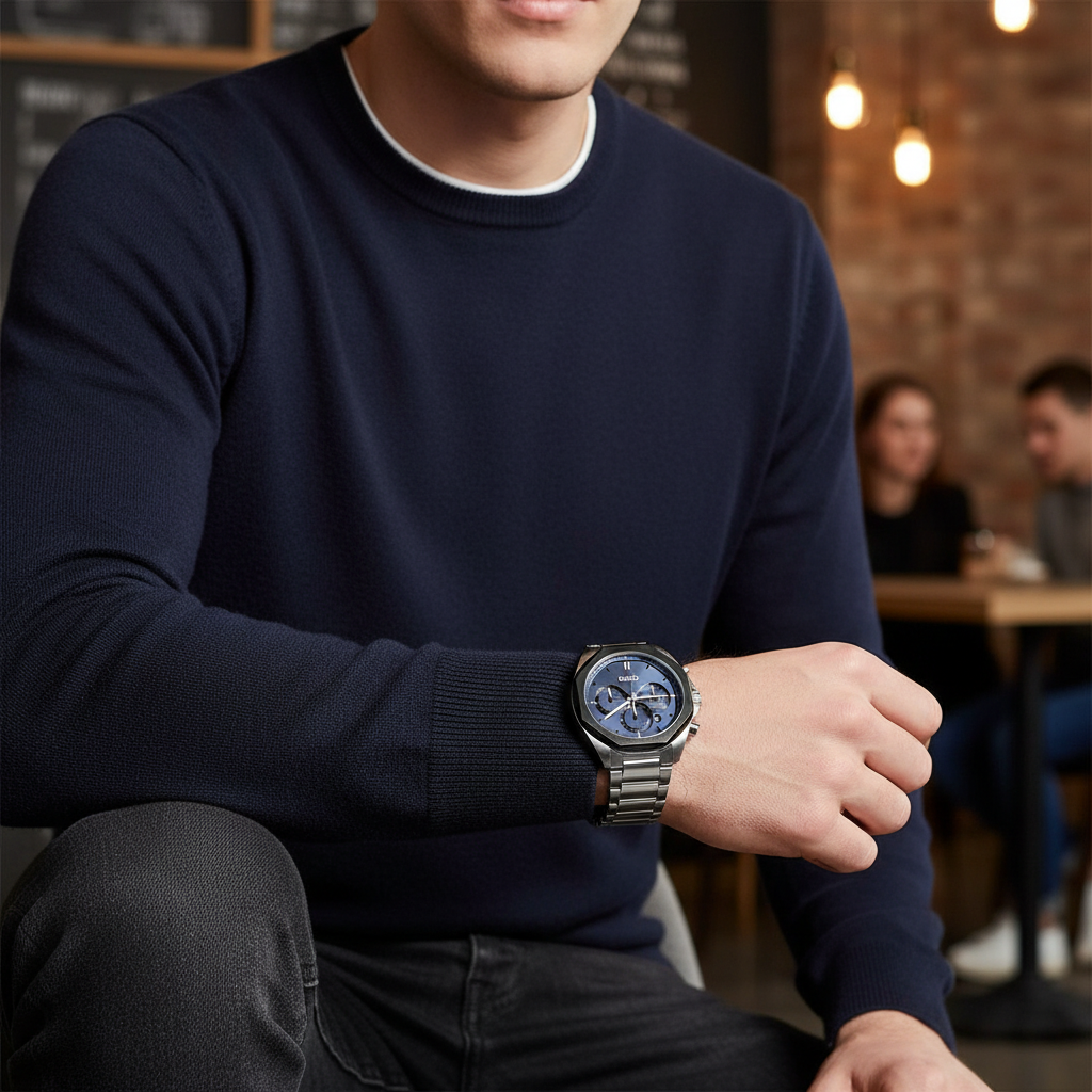 Male model wearing Hugo Boss Cloud 1514015 silver and navy watch with a casual blazer