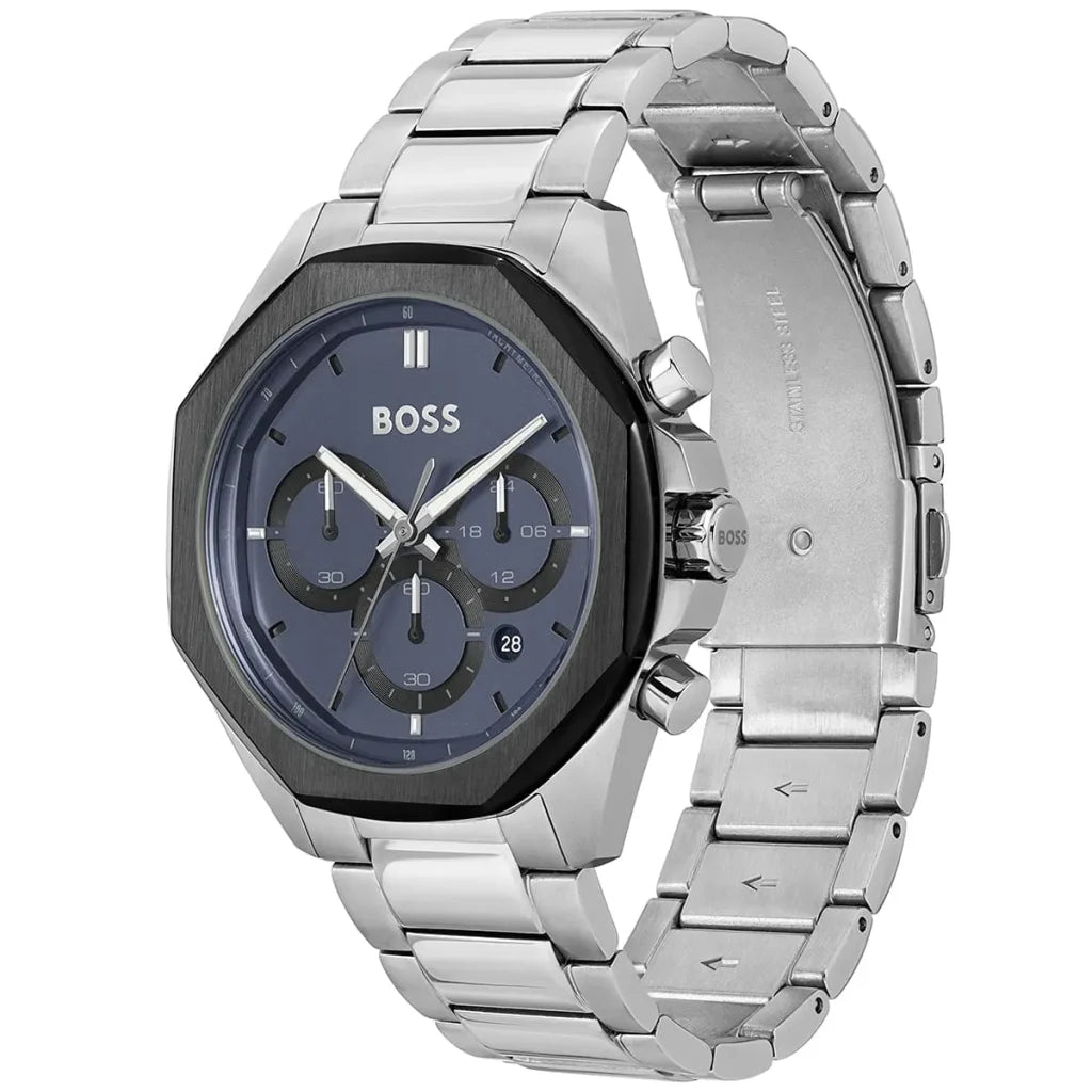 Side view of Hugo Boss Cloud 1514015 showing the silver crown and black bezel edge