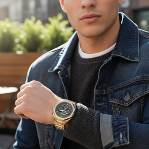 Male model wearing Hugo Boss Cloud 1514019 beige gold watch with a smart casual outfit