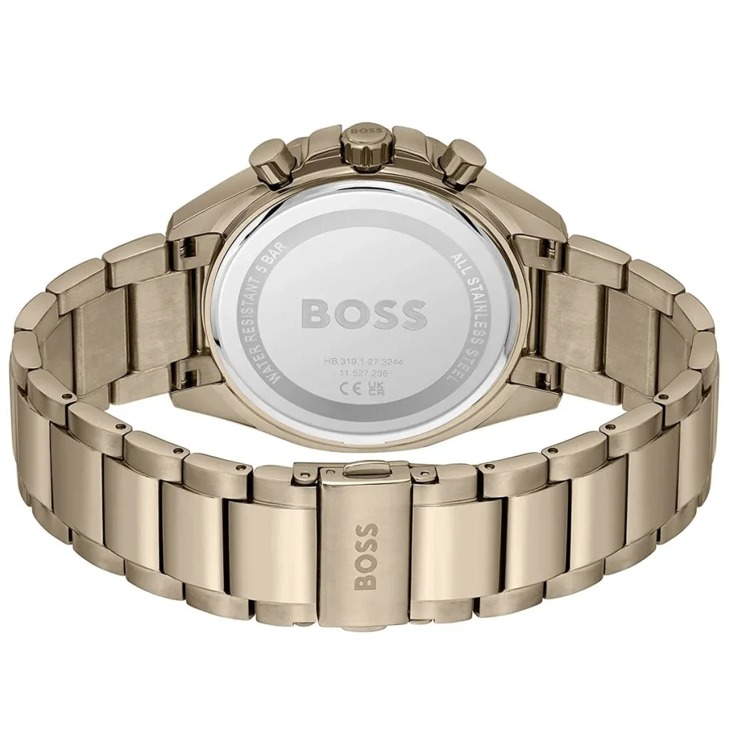 Side profile highlighting the polished beige gold stainless steel links of Hugo Boss 1514019