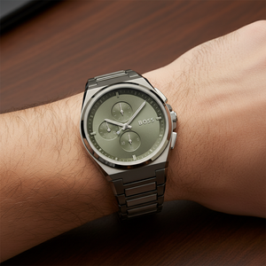 Detailed macro view of the olive green sunray dial and grey sub-dials of Hugo Boss 1514052