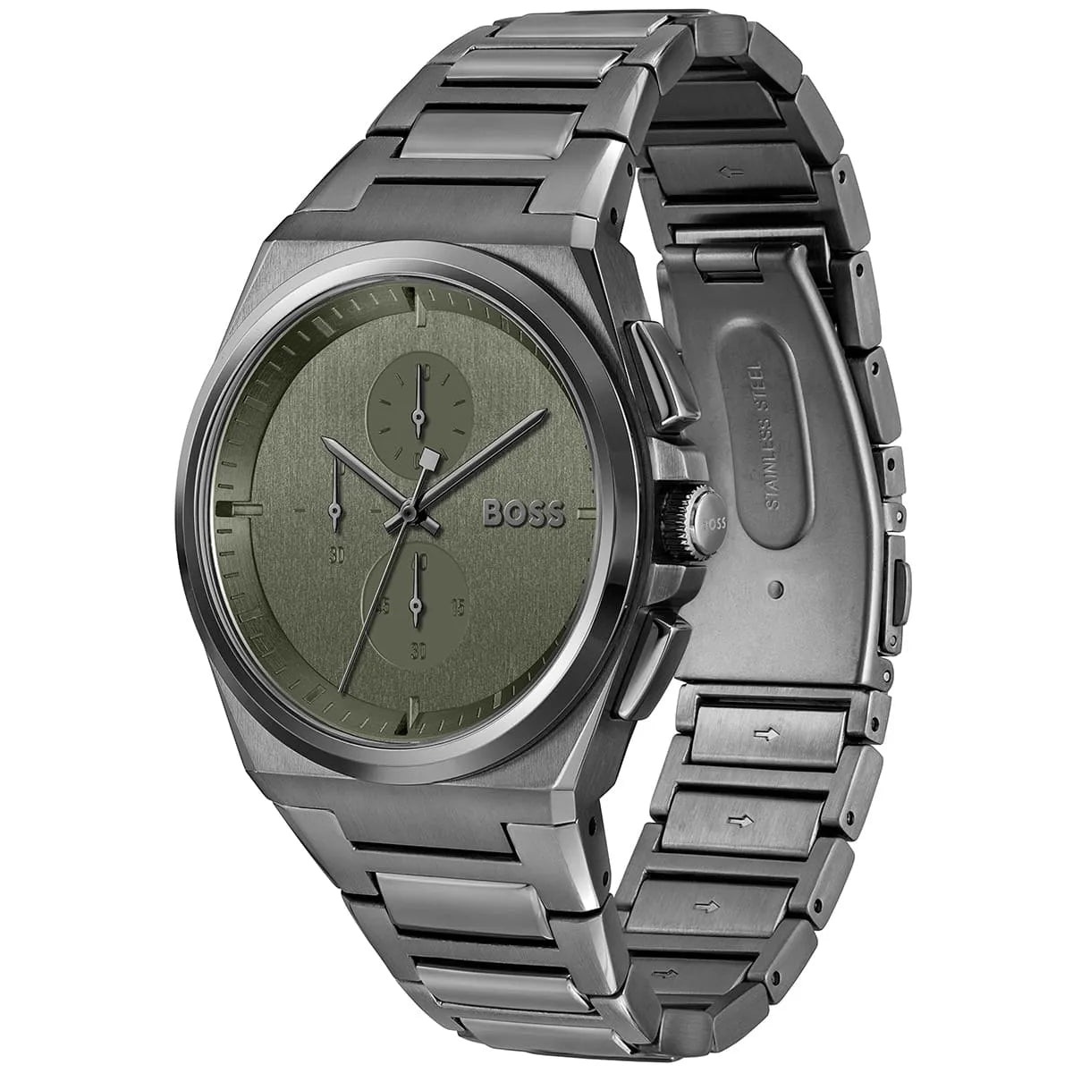Side view of Hugo Boss Steer 1514045 showing the gunmetal crown and integrated case design