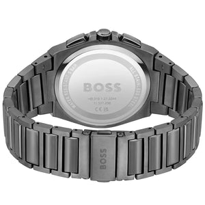 Side profile highlighting the polished gunmetal grey stainless steel links of Hugo Boss 1514045