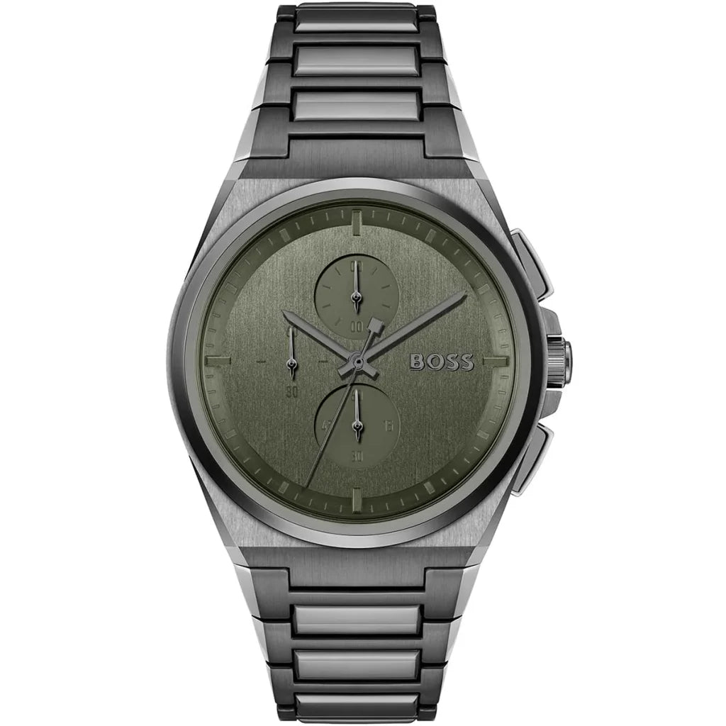 Hugo Boss Steer 1514045 men's chronograph watch with gunmetal grey case and olive green dial