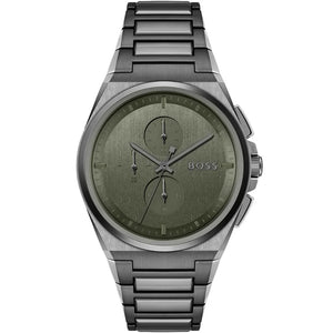 Hugo Boss Steer 1514045 men's chronograph watch with gunmetal grey case and olive green dial
