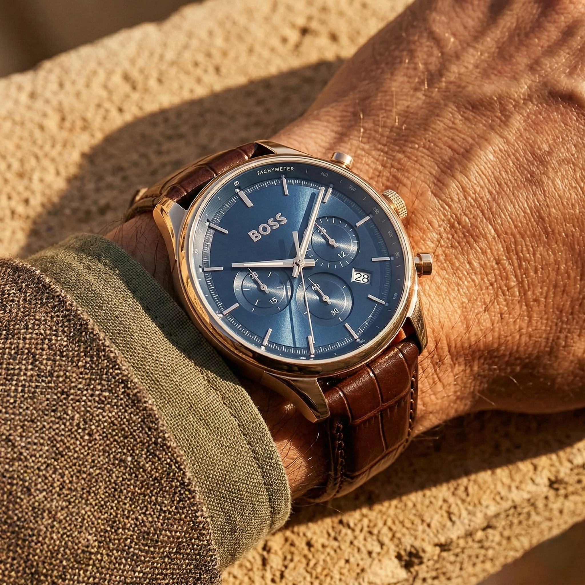 Close up shot of Hugo Boss Admiral 1514050 on wrist showing the blue sunray dial and gold case details