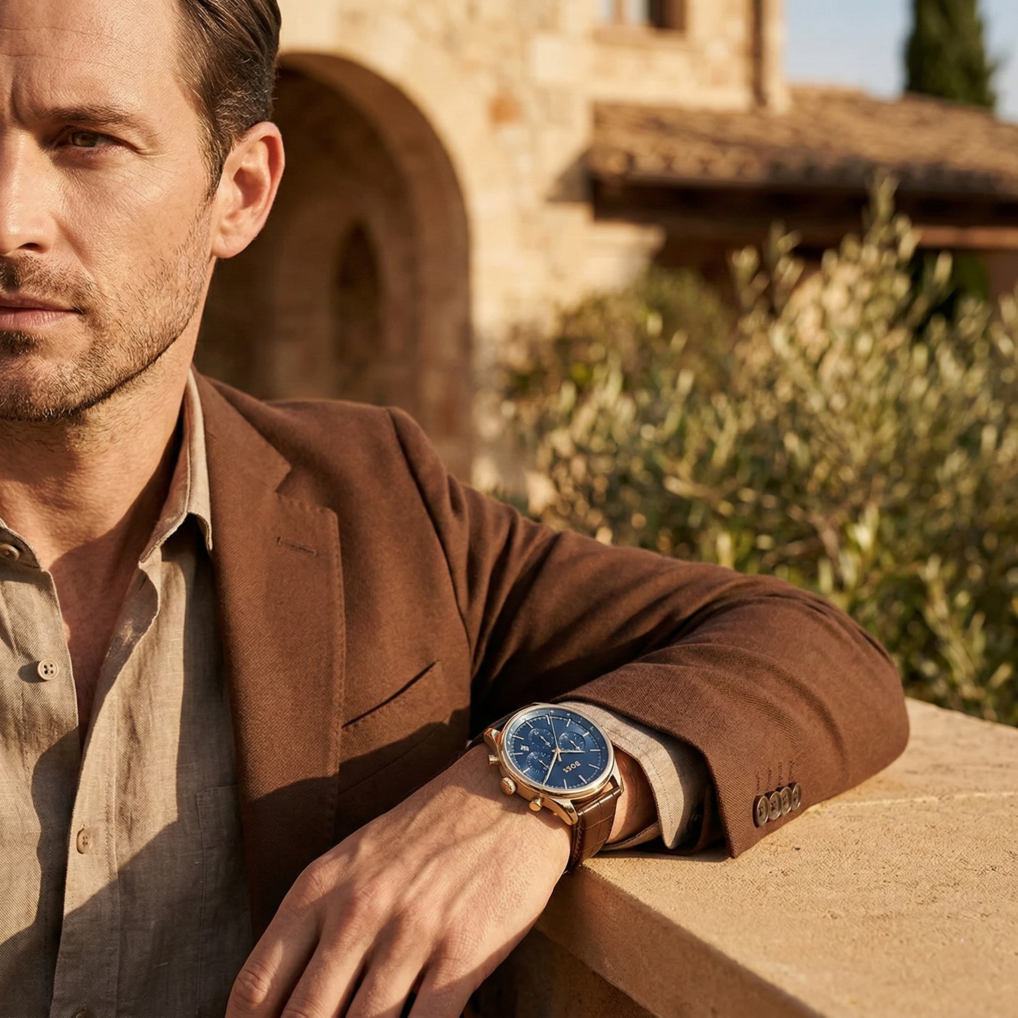Man wearing Hugo Boss 1514050 gold and blue watch with brown leather strap for a luxury executive look