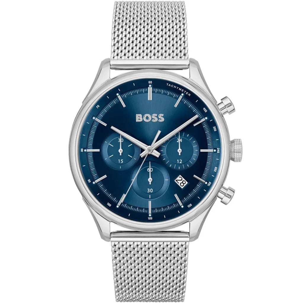 Hugo Boss Gregor 1514052 men's chronograph watch with silver case, blue dial, and mesh stainless steel strap
