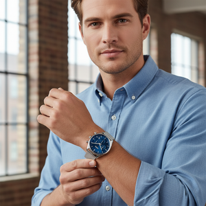 Male model wearing Hugo Boss Gregor 1514052 silver mesh watch with a professional business suit