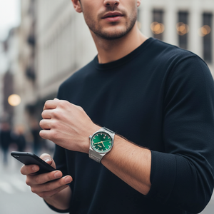 Male model wearing Hugo Boss Candor 1514079 silver and green watch with a casual outfit