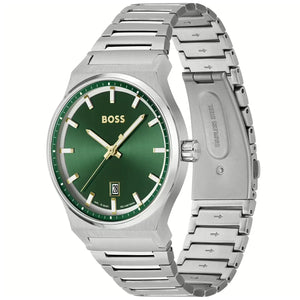 Side view of Hugo Boss 1514079 showing the silver crown and slim case profile