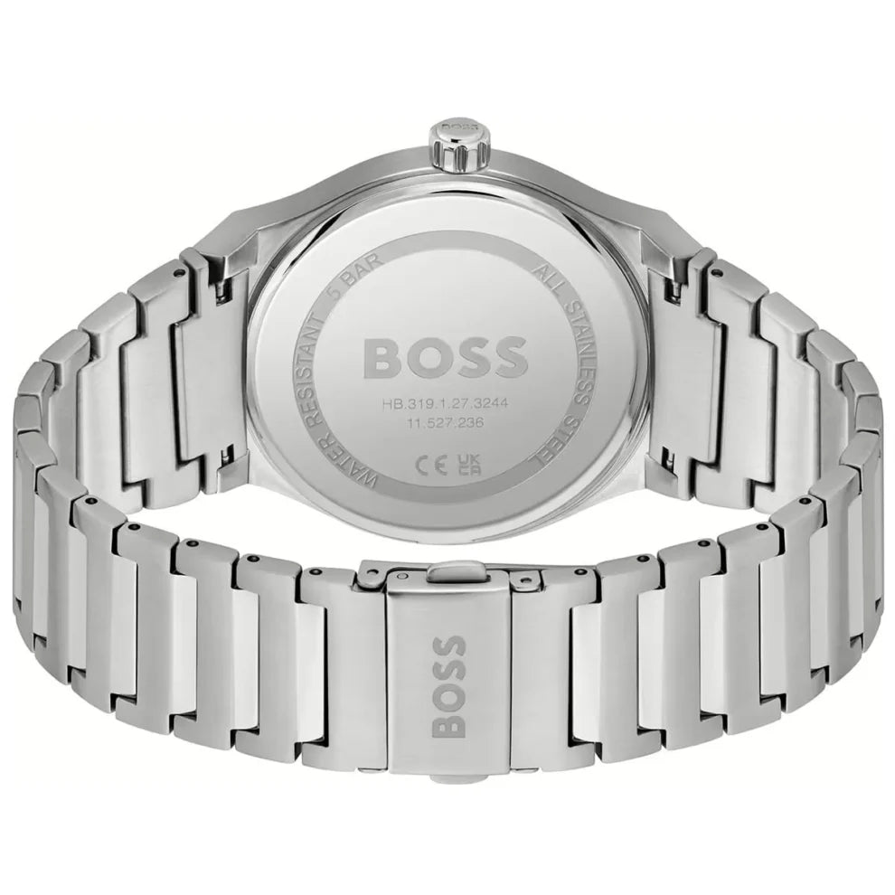 Side profile highlighting the polished silver stainless steel links of Hugo Boss 1514079