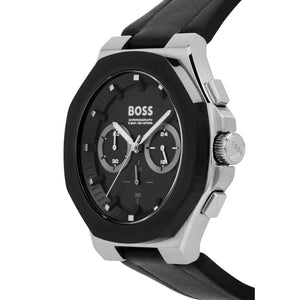 Right side angled view of Hugo Boss 1514085 highlighting the bold silver tonneau case shape