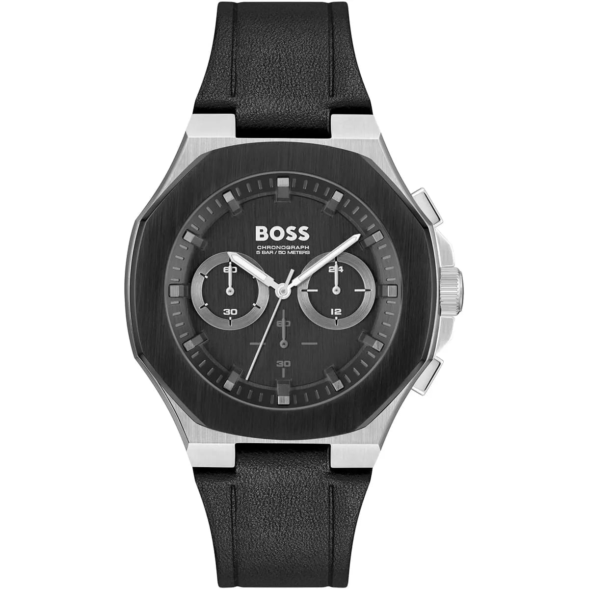Hugo Boss Taper 1514085 men's chronograph watch with silver case, black bezel, and black rubber strap