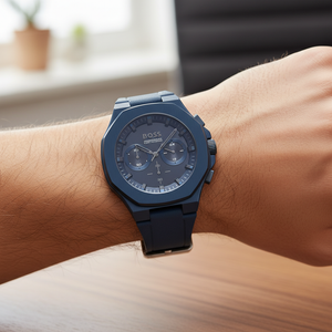 Detailed macro view of the vertically brushed black dial and blue sub-dials of Hugo Boss 1514086