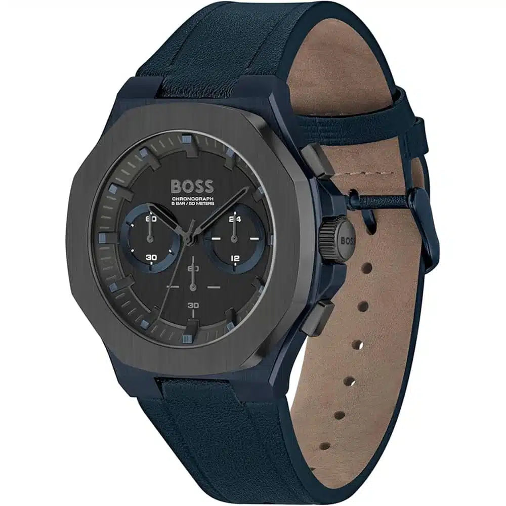 Side view of Hugo Boss Taper 1514086 showing the blue crown and case thickness