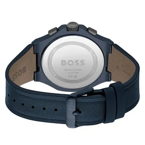 Side profile highlighting the navy blue genuine leather strap texture of Hugo Boss 1514086