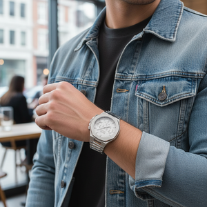 Male model wearing Hugo Boss Taper 1514087 silver watch with a modern outfit