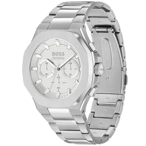 Side view of Hugo Boss Taper 1514087 showing the silver crown and integrated case shape