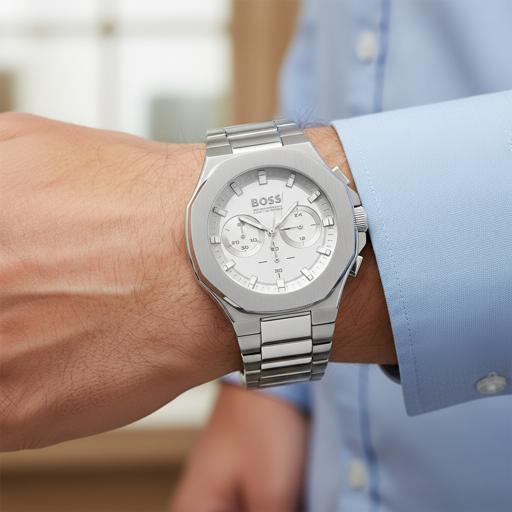 Detailed macro view of the silver sunray dial and baton indices of Hugo Boss 1514087