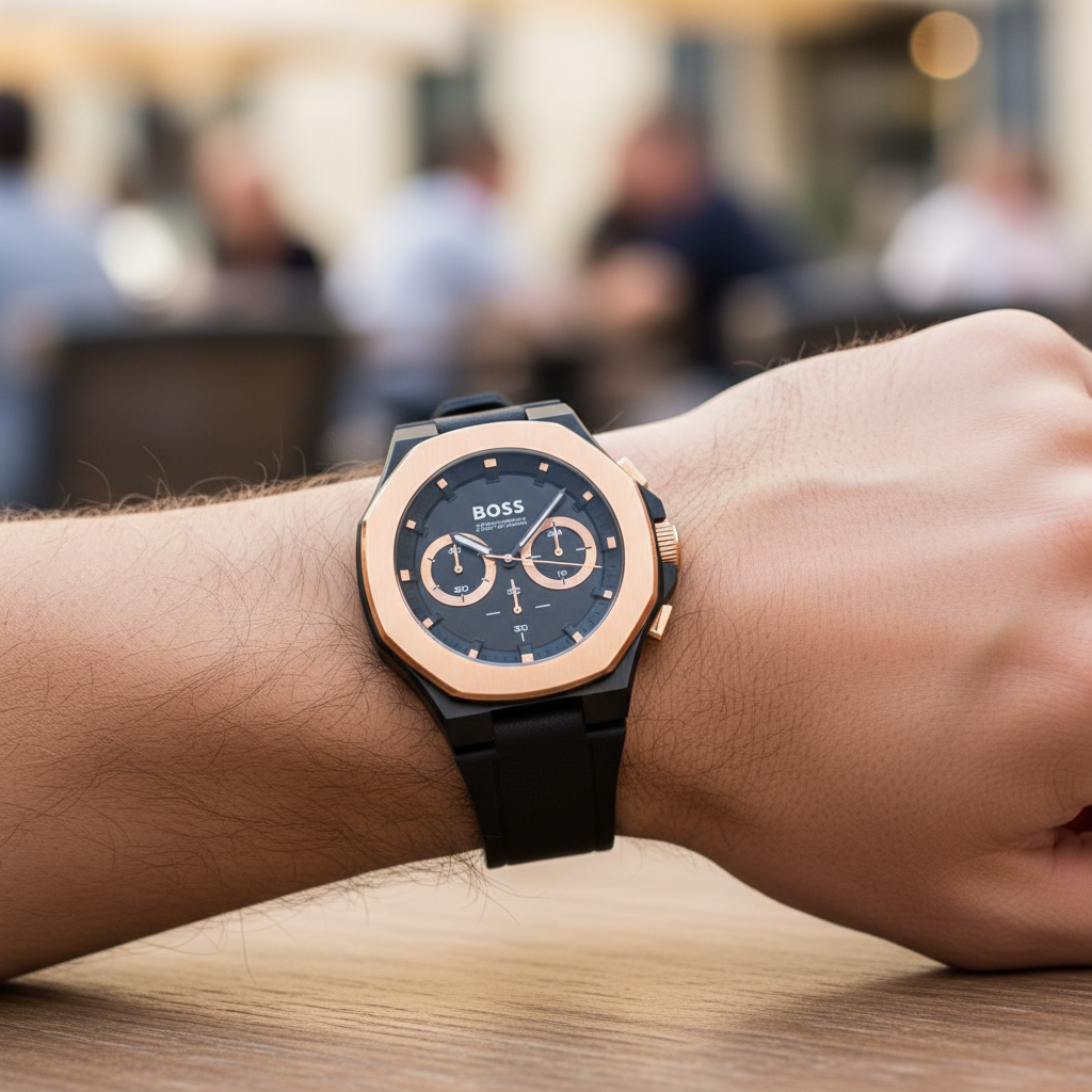 Detailed macro view of the black dial with rose gold accents and chronograph sub-dials of Hugo Boss 1514089