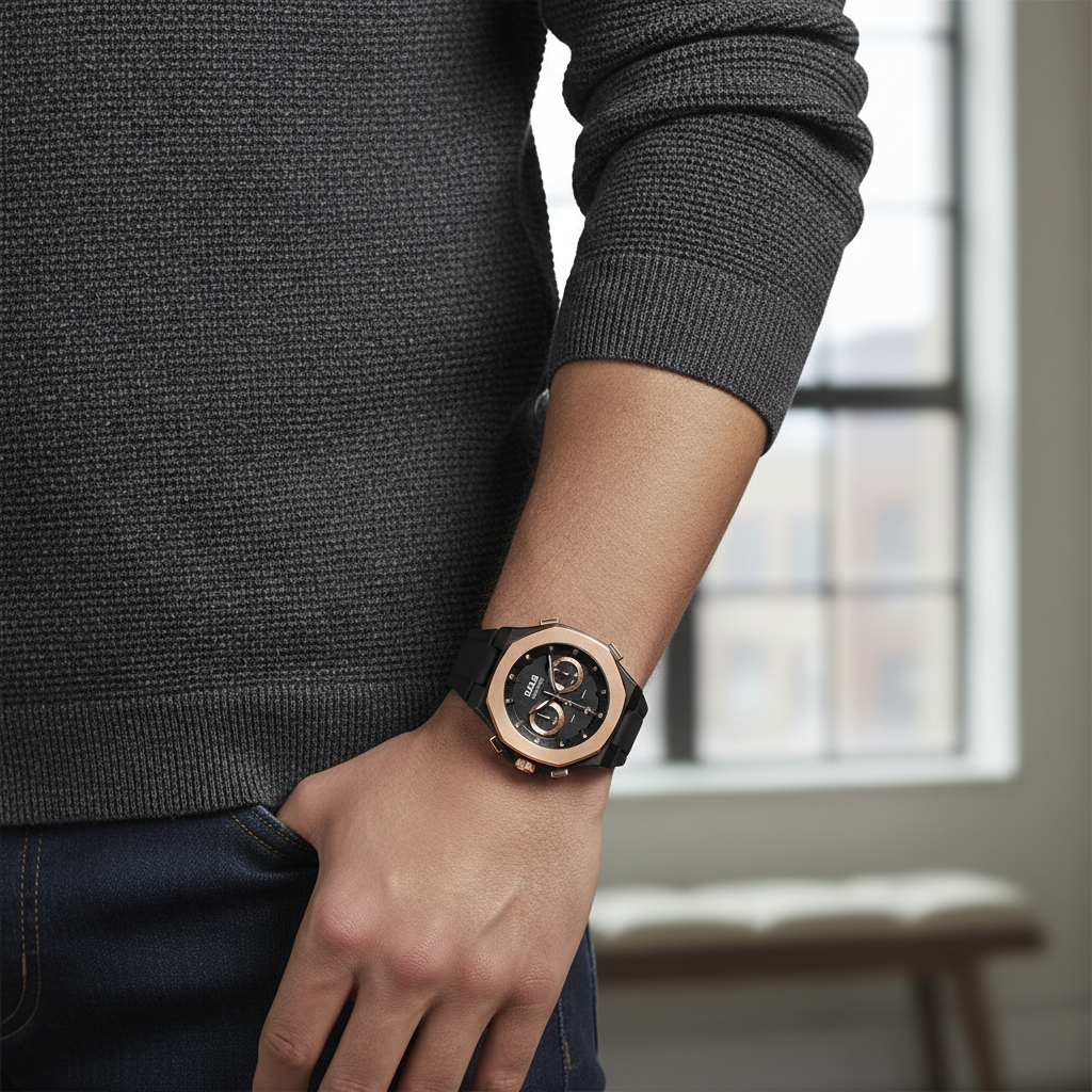 Male model wearing Hugo Boss Taper 1514089 black and rose gold watch with an evening outfit