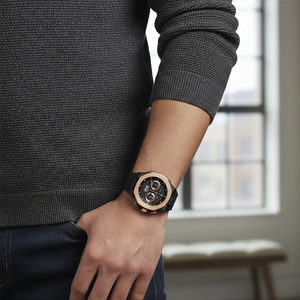 Male model wearing Hugo Boss Taper 1514089 black and rose gold watch with an evening outfit