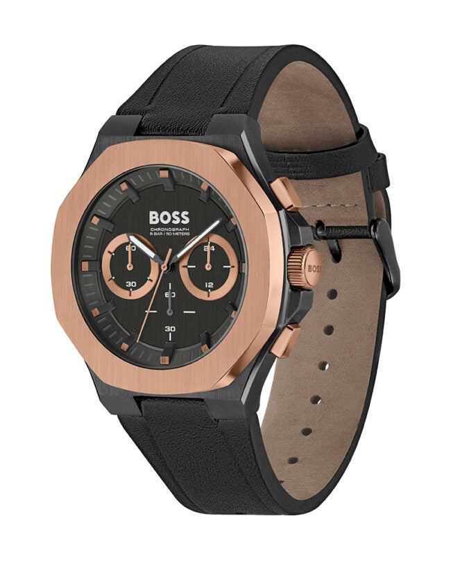Side profile highlighting the premium black leather strap connection on Hugo Boss 1514089