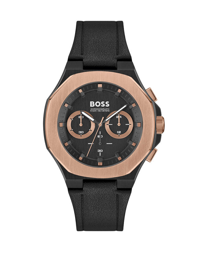 Hugo Boss Taper 1514089 men's chronograph watch with black case, rose gold bezel, and black leather strap
