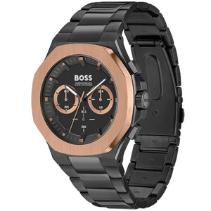 Side view of Hugo Boss Taper 1514090 showing the black crown and integrated case design