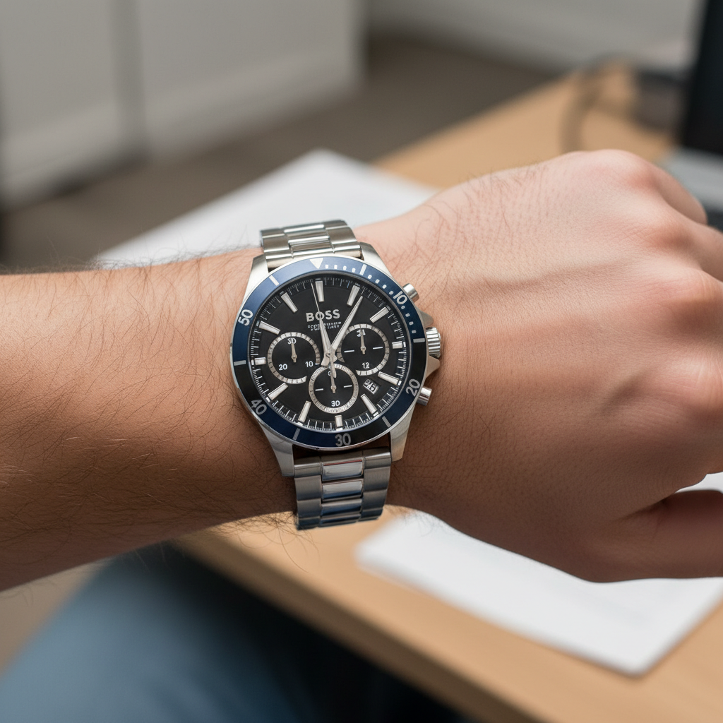 Detailed macro view of the black sunray dial and dual-tone blue and black bezel of Hugo Boss 1514101