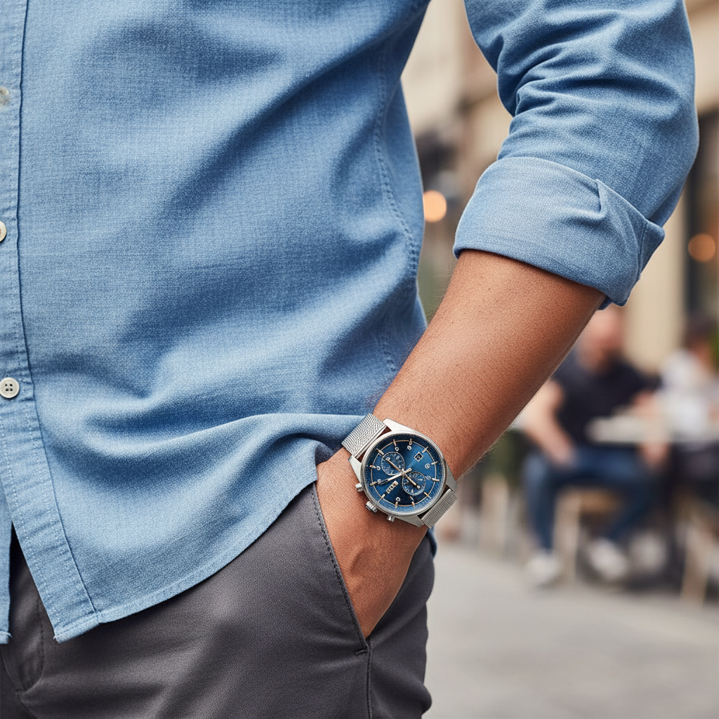 Male model wearing Hugo Boss Skytraveller 1514149 blue and silver mesh watch with a suit