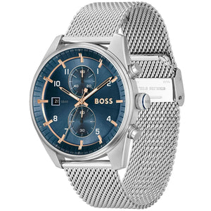 Side view of Hugo Boss Skytraveller 1514149 showing the silver crown and chronograph pushers