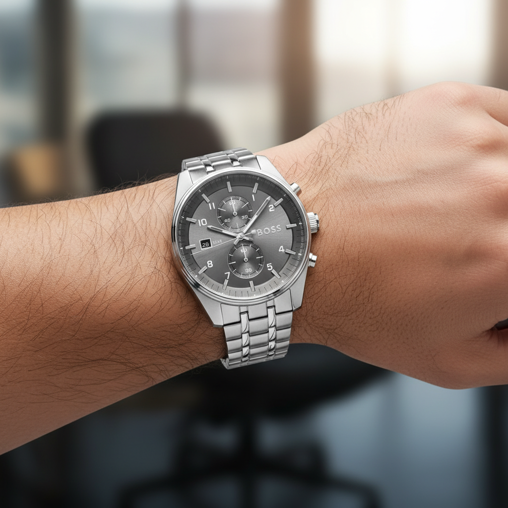 Detailed macro view of the grey sunray dial, silver hands, and sub-dials of Hugo Boss 1514151