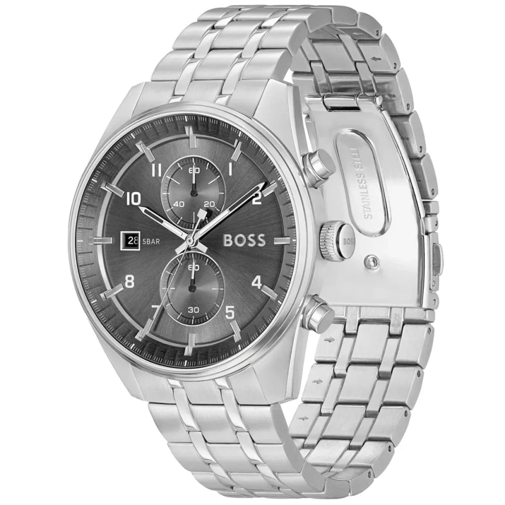 Side view of Hugo Boss Skytraveller 1514151 showing the silver crown and pushers