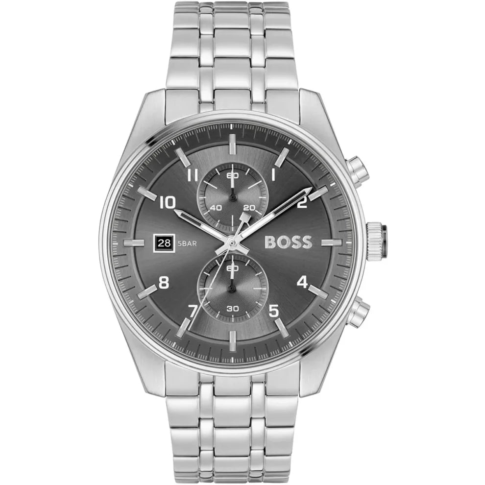 Hugo Boss Skytraveller 1514151 men's watch with silver stainless steel case and grey sunray dial
