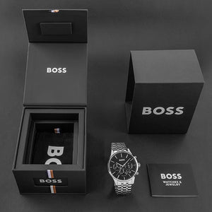 Left side angled perspective showing the black sunray reflection of Hugo Boss 1514157