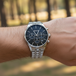 Detailed macro view of the black sunray dial and simple silver baton indices of Hugo Boss 1514157