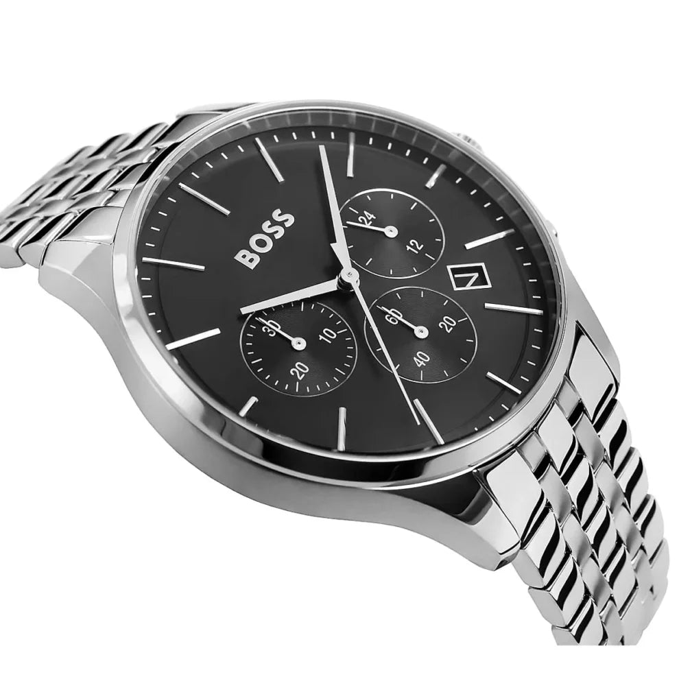 Side profile highlighting the polished silver stainless steel links of Hugo Boss 1514157