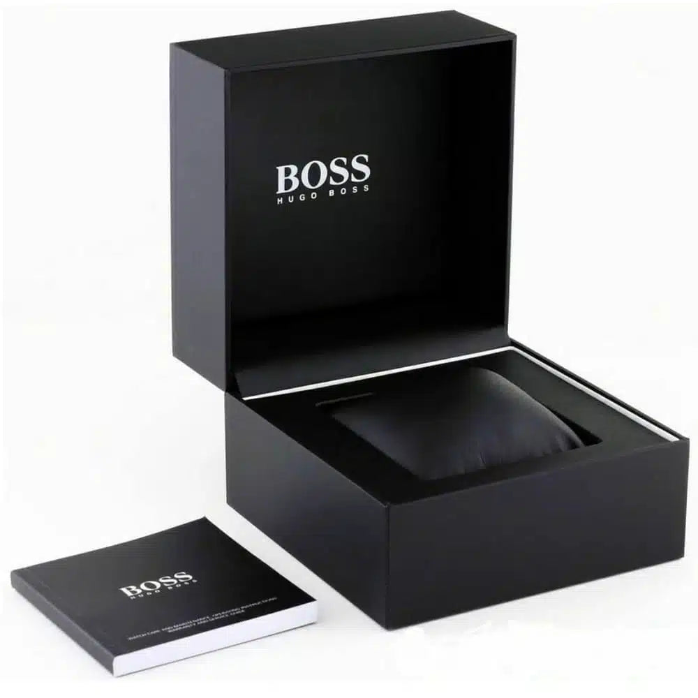 Left side angled perspective showing the blue sunray finish and markers of Hugo Boss 1514216