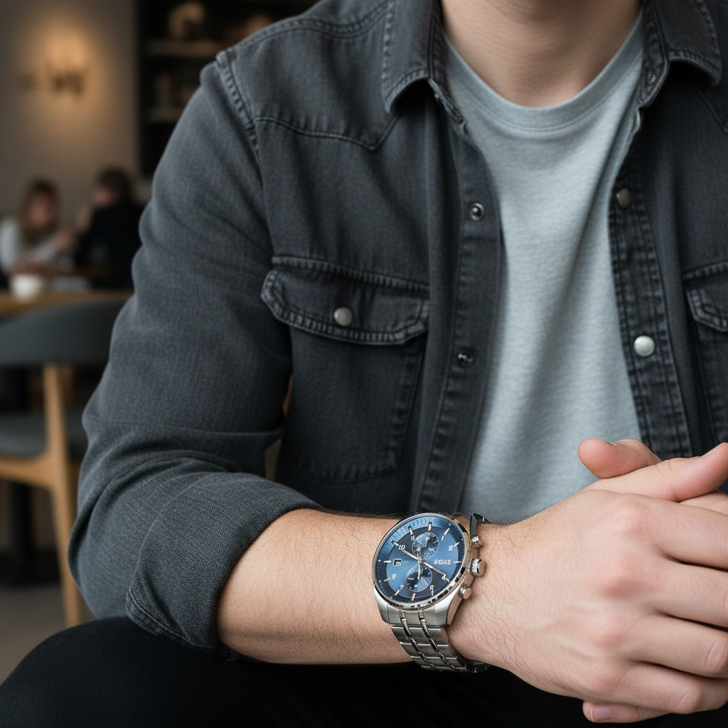 Male model wearing Hugo Boss Skytraveller 1514216 silver watch with a smart casual outfit