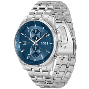 Side view of Hugo Boss 1514216 showing the silver crown and chronograph pushers