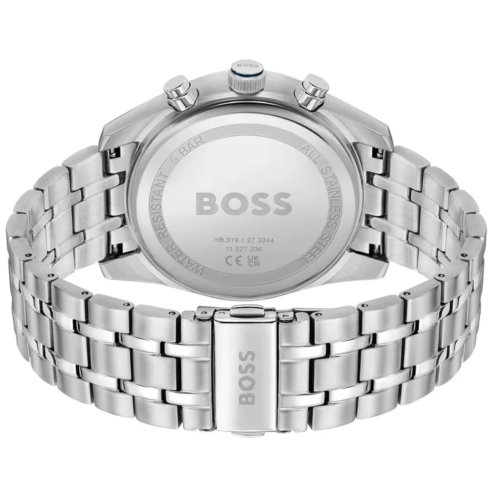 Side profile highlighting the polished 5-link stainless steel bracelet of Hugo Boss 1514216