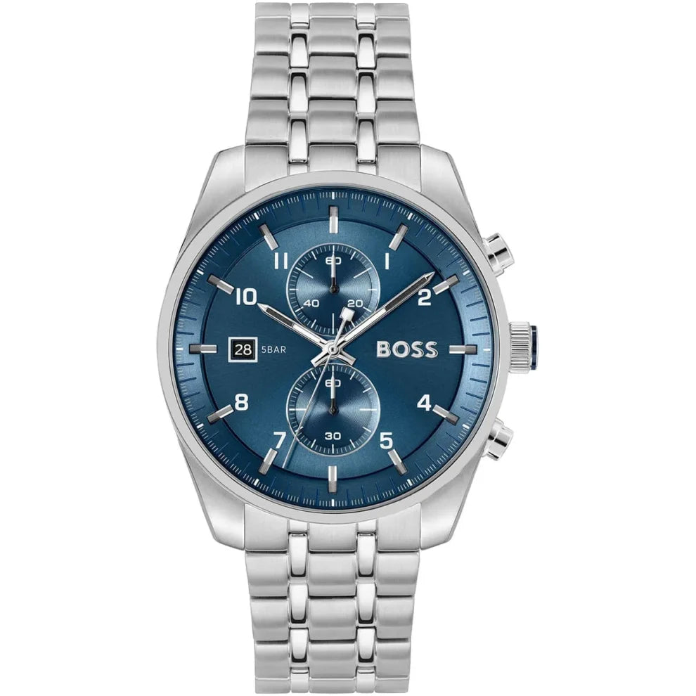Hugo Boss Skytraveller 1514216 men's chronograph watch with silver case and vertical blue sunray dial