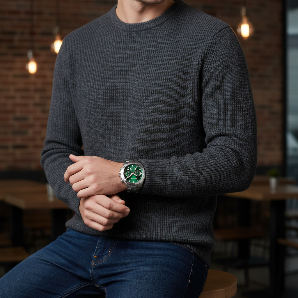 Male model wearing Hugo Boss Hero 1514217 silver watch with a formal business suit