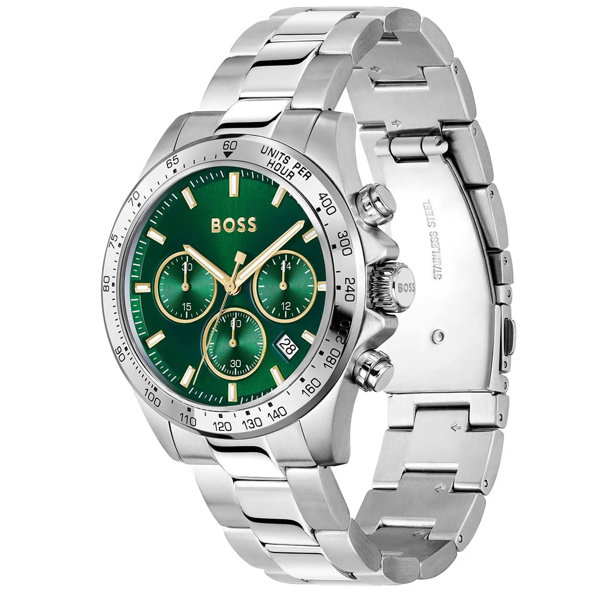 Side view of Hugo Boss 1514217 showing the silver crown and chronograph pushers