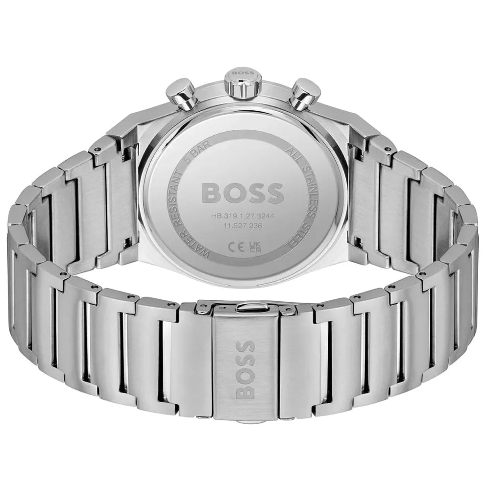 Side profile highlighting the polished silver stainless steel links of Hugo Boss 1514220
