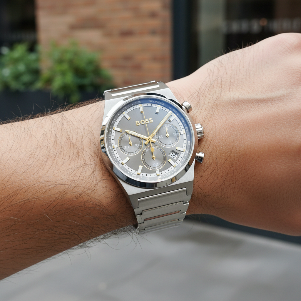 Detailed macro view of the grey sunray dial and gold-tone hands of Hugo Boss 1514221