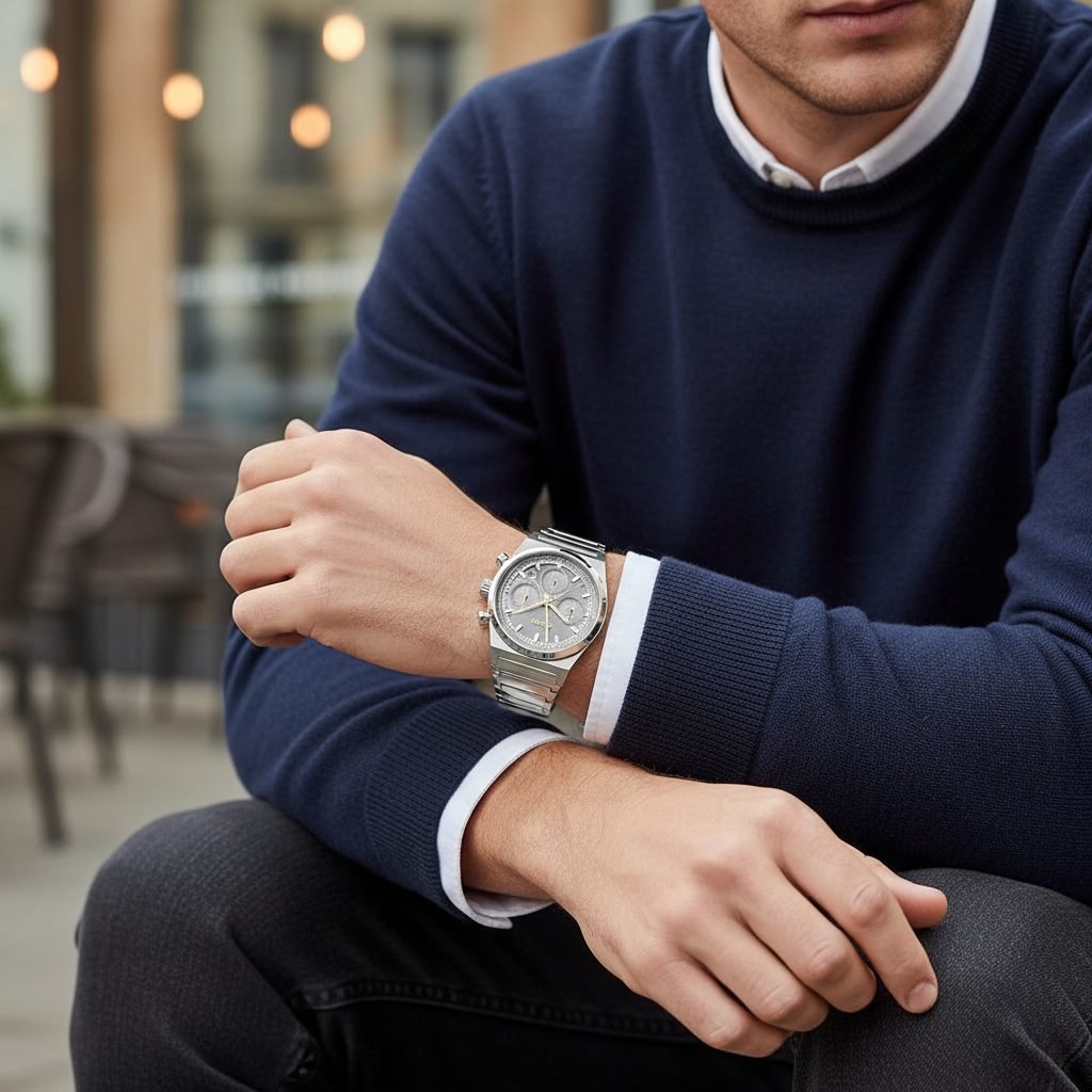 Male model wearing Hugo Boss Candor 1514221 silver watch with a formal business suit